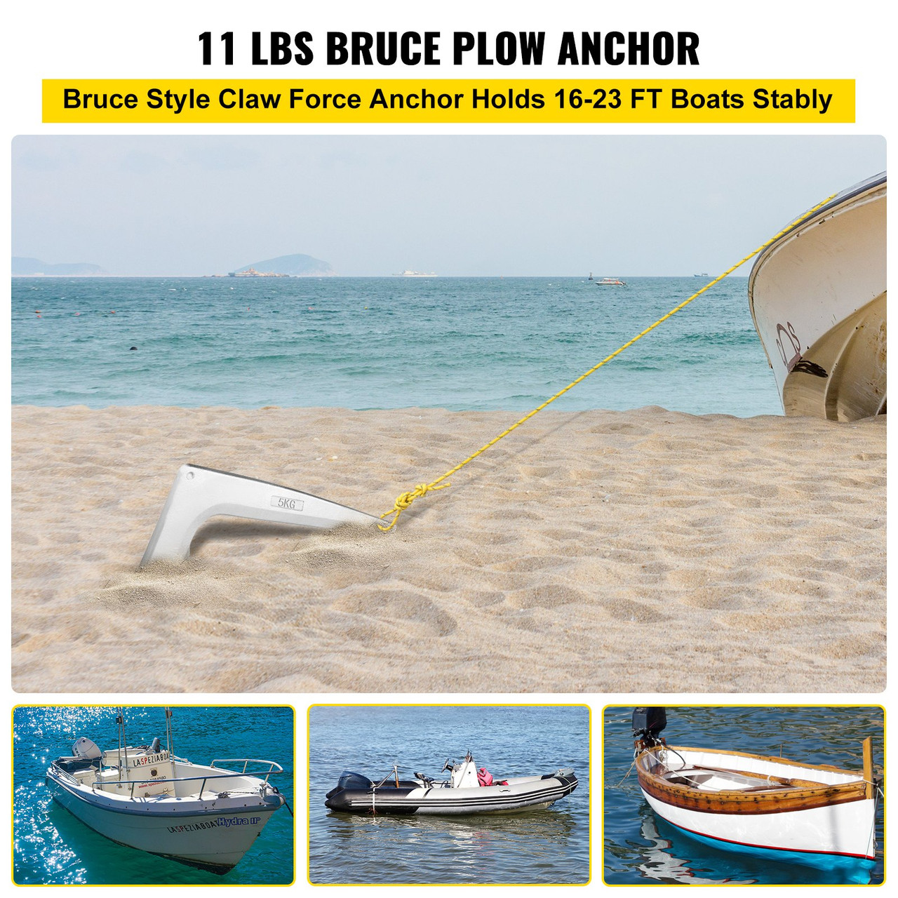 Bruce Claw Anchor 11 lb Boat Anchor, Galvanized Steel Boat Anchor, 5 kg Marine Anchor with One Anchor Shackle, Heavy Duty Boat Anchor for Small Boat Yacht Mooring on The Beach