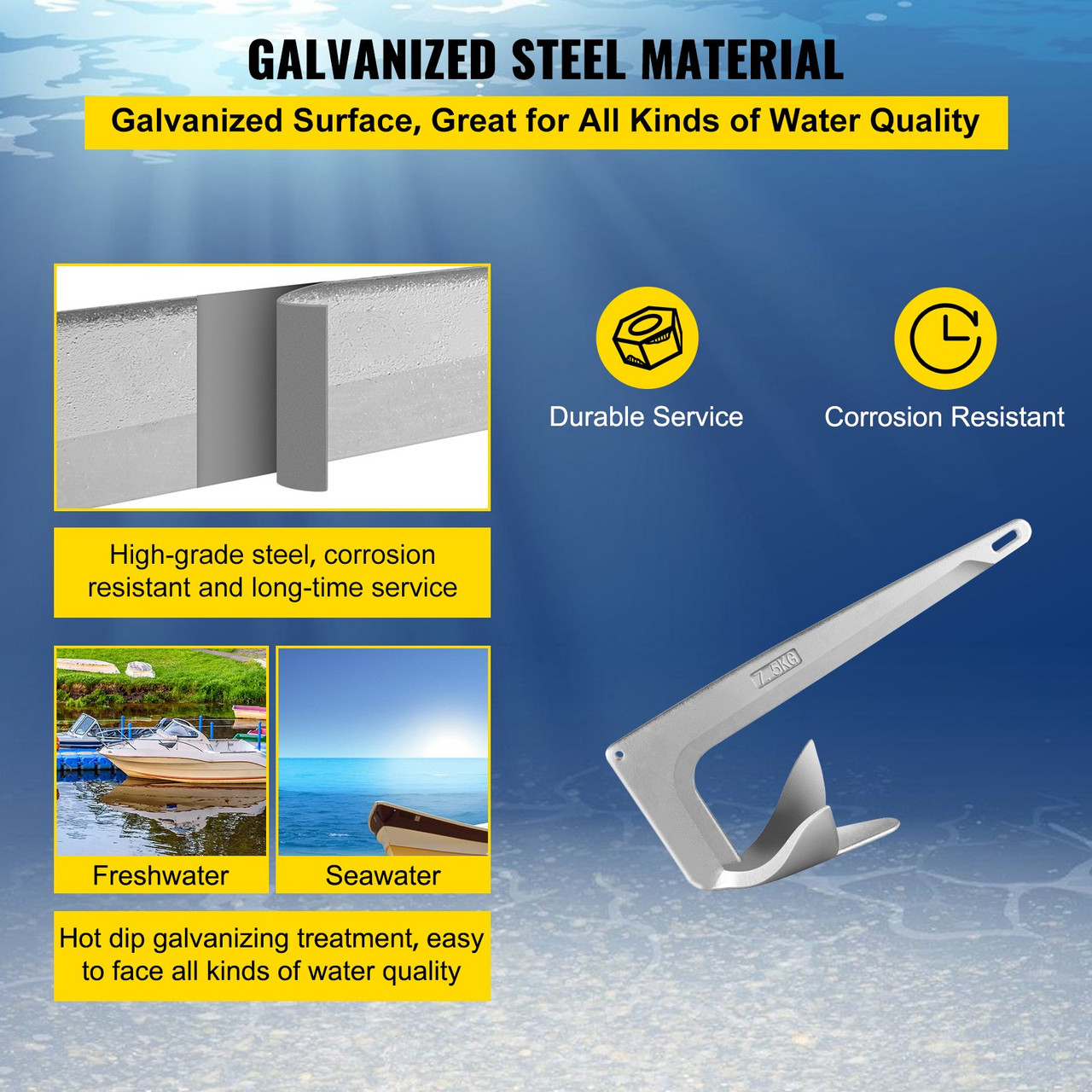 Bruce Claw Anchor 16.5 lb Boat Anchor, Galvanized Steel Boat Anchor, 7.5 kg Marine Anchor with One Anchor Shackle, Heavy Duty Boat Anchor for 23-30 ft Boat Yacht Mooring on The Beach