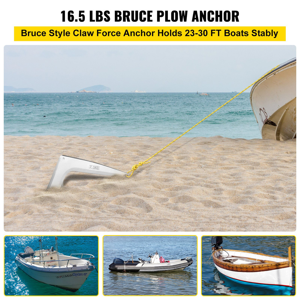 Bruce Claw Anchor 16.5 lb Boat Anchor, Galvanized Steel Boat Anchor, 7.5 kg Marine Anchor with One Anchor Shackle, Heavy Duty Boat Anchor for 23-30 ft Boat Yacht Mooring on The Beach