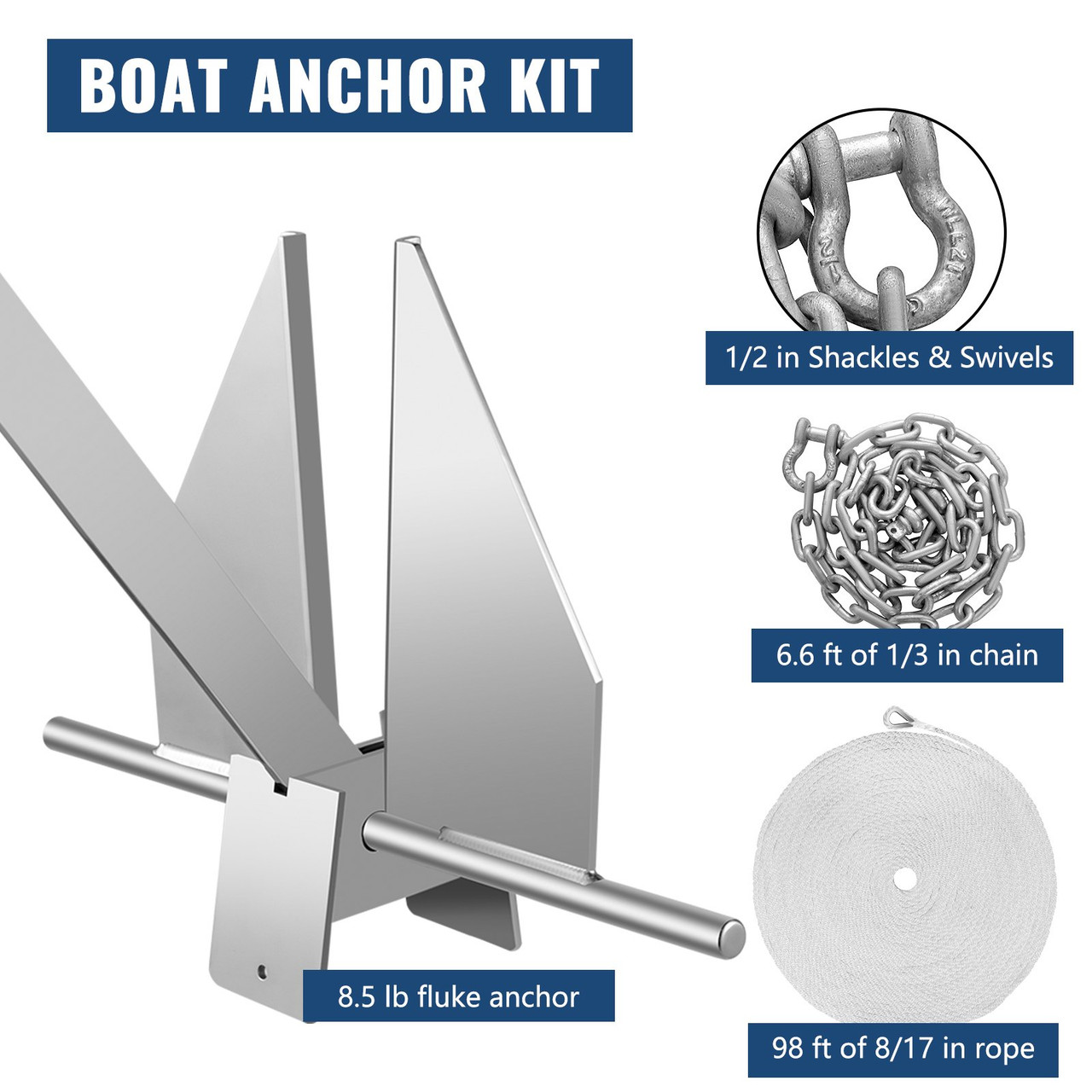 Boat Anchor Kit 8.5 lb Fluke Style Anchor, Hot Dipped Galvanized Steel Fluke Anchor, Marine Anchor with Anchor, Rope, Shackles, Chain for Boat Mooring on The Beach, Boats from 15'-24'