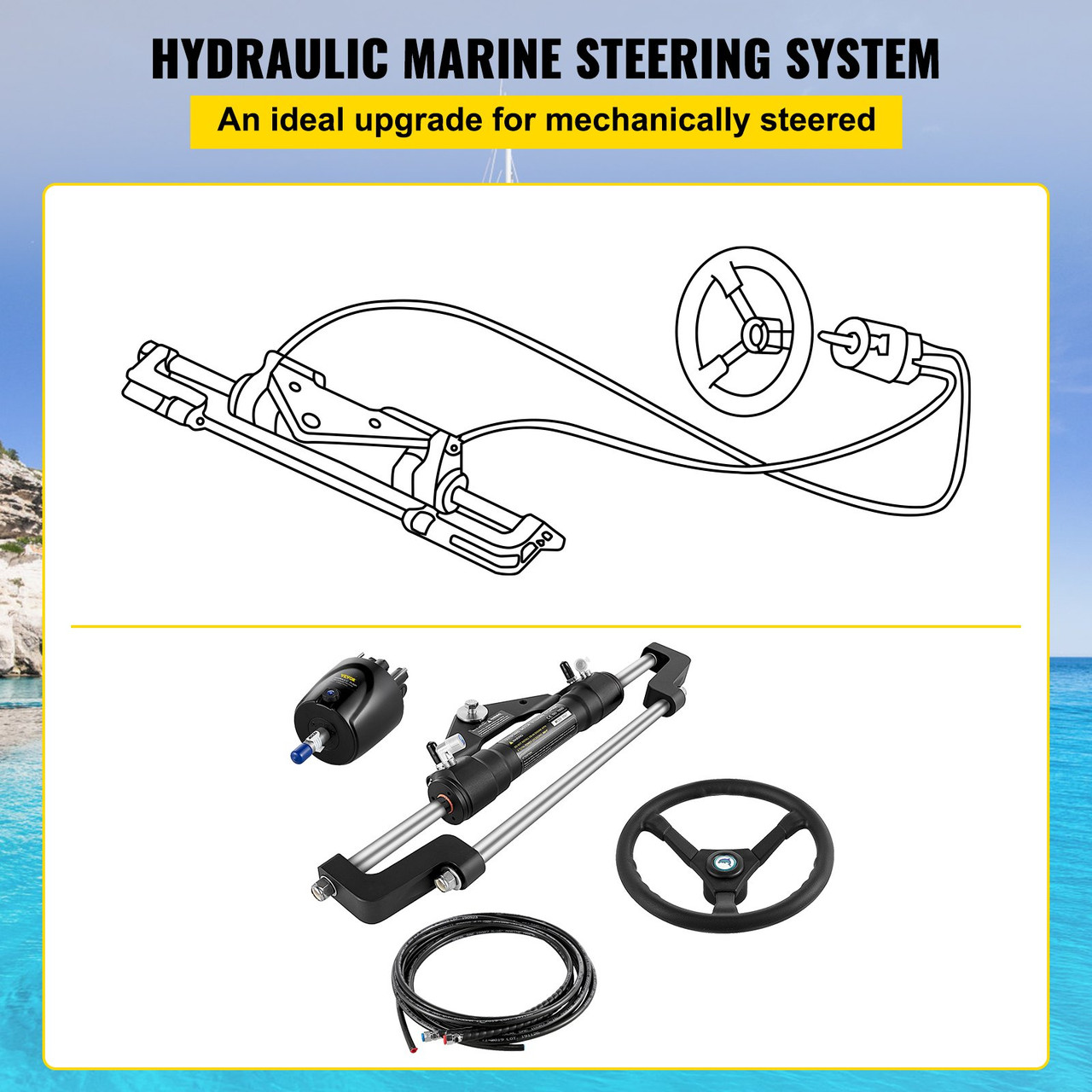 Hydraulic Boat Steering Kit, 300HP Hydraulic Steering Kit Helm Pump, Cylinder, Wheel, 24 Feet Hose Hydraulic Steering Seal Kit, Corrosion-Resistant Boat Steering System Marine Steering Kit