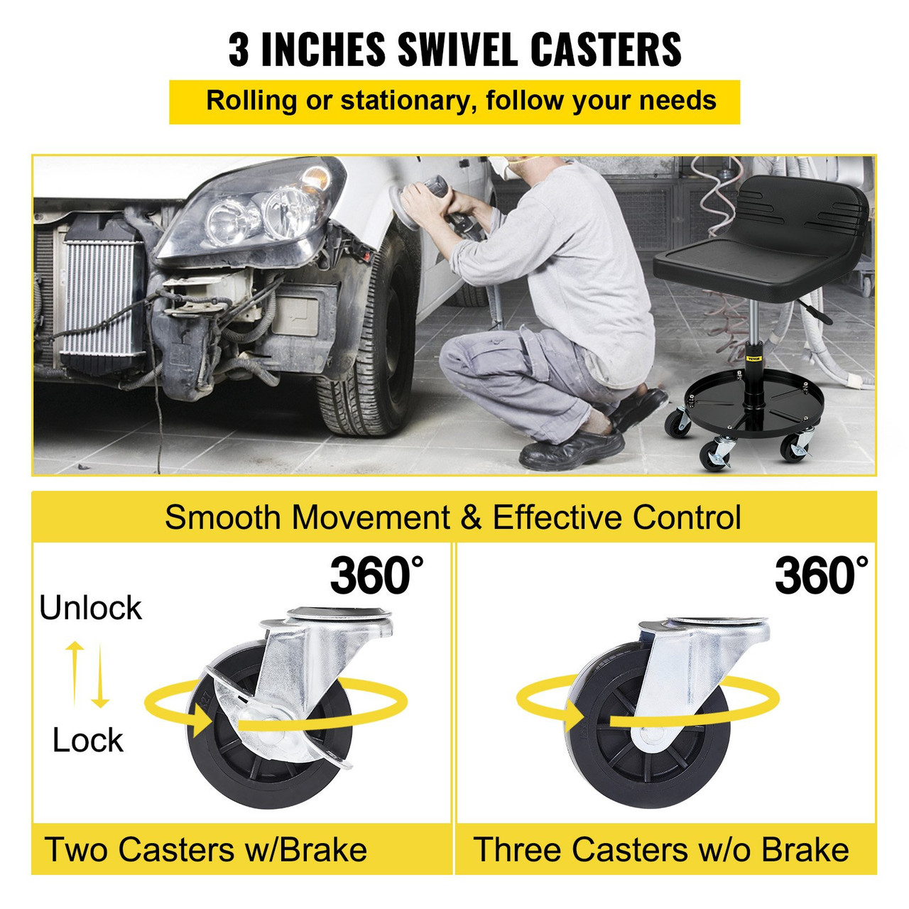 Rolling Garage Stool 300LBS Adjustable Mechanic Work Shop Seat w/Casters