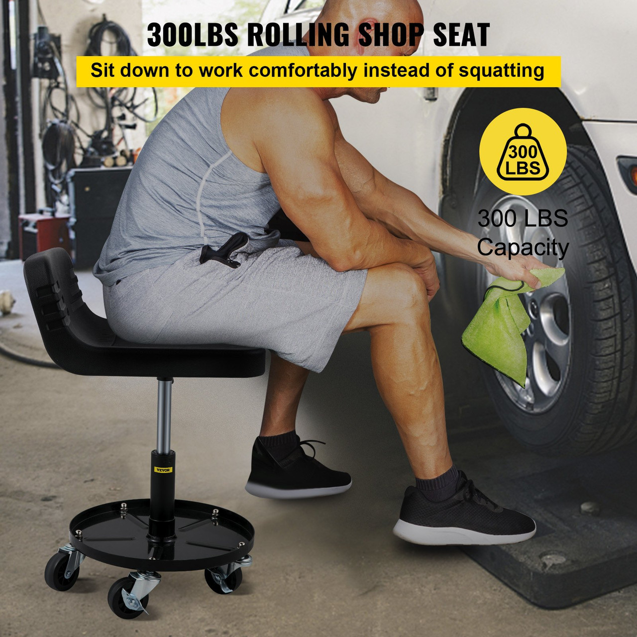 Rolling Garage Stool 300LBS Adjustable Mechanic Work Shop Seat w/Casters