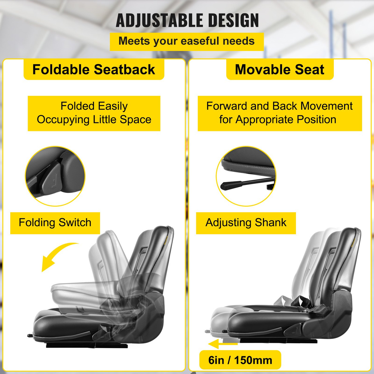 Universal Forklift Seat Black PVC Tractor Seat, 6"/150MM Adjustable Mower Seat Foldable Seat including Seat Belt&Seat Switch, 18.5" x 20" x 18" Skid Steer Seat Fit Forklift, Tractor, Skid Loader