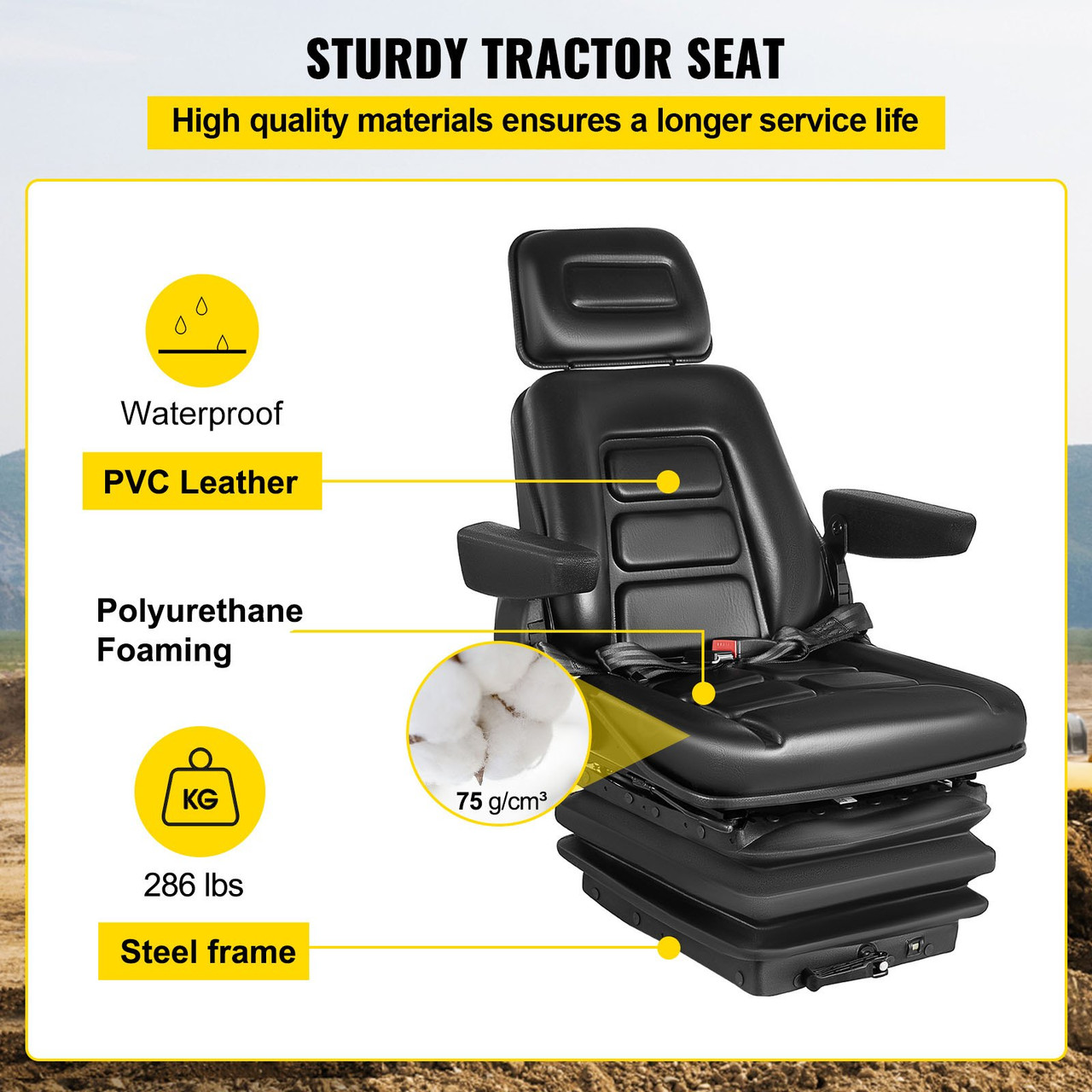 Universal Tractor Suspension Seat, 35-170° Backrest Angle Adjustable Air Ride Seat Replacement w/ Seat Belt & Safety Switch, Compatible with Forklift/Van/Mower, Black Vinyl