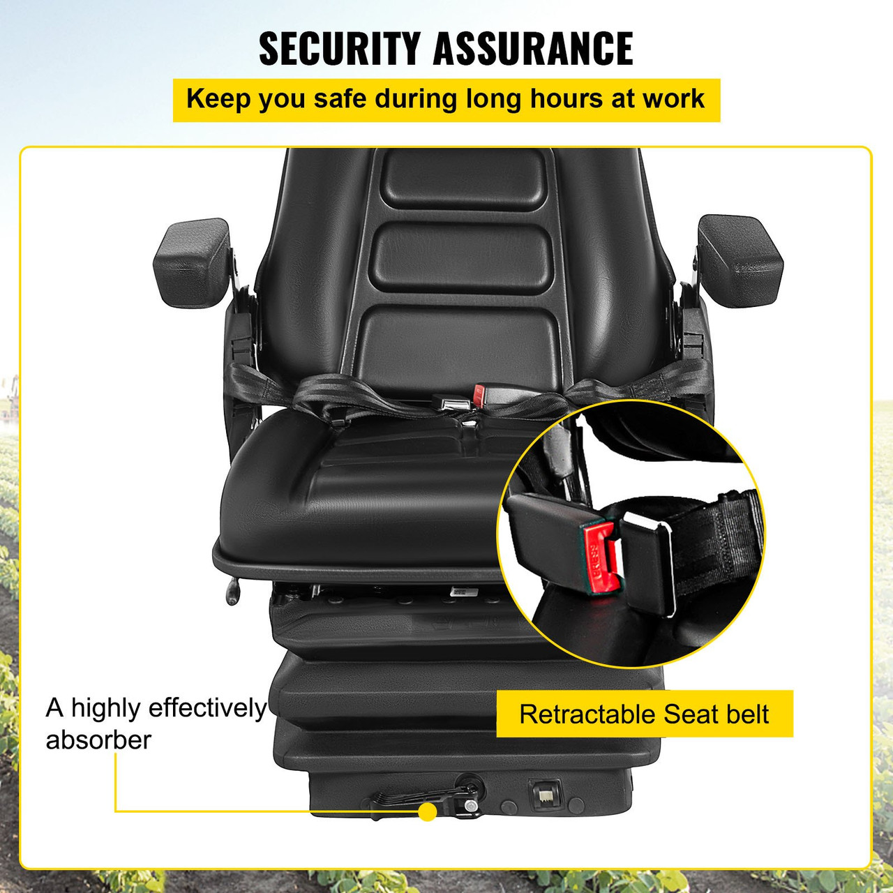 Universal Tractor Suspension Seat, 35-170° Backrest Angle Adjustable Air Ride Seat Replacement w/ Seat Belt & Safety Switch, Compatible with Forklift/Van/Mower, Black Vinyl