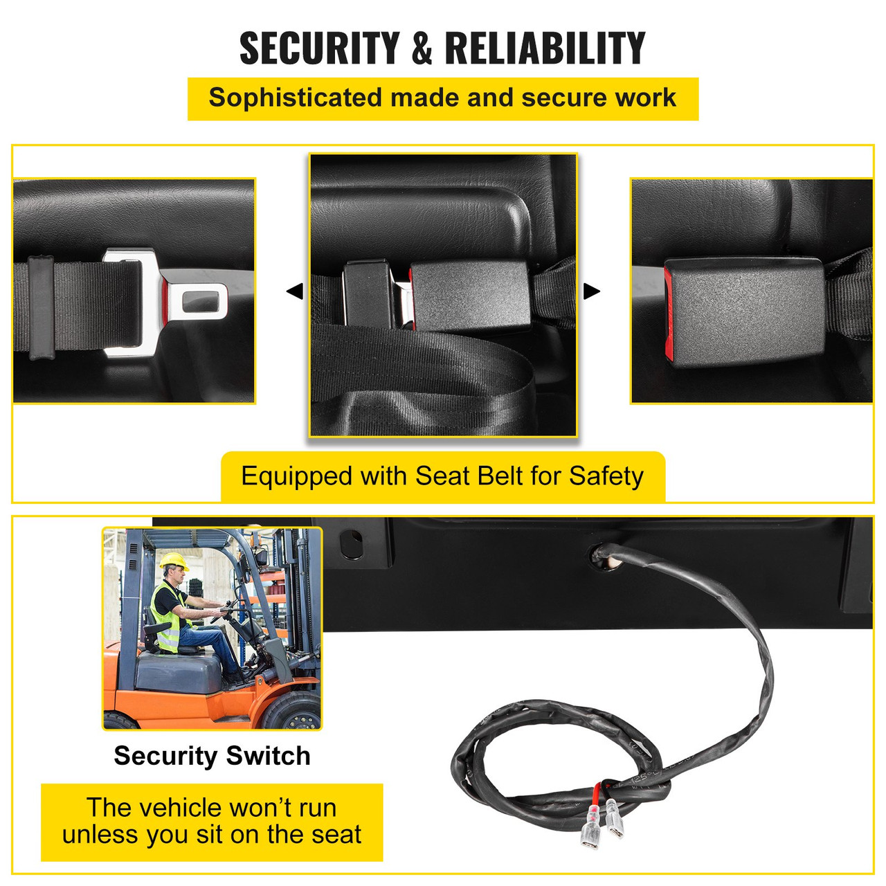 Universal Forklift Seat Black PVC Tractor Seat, 6"/150MM Adjustable Mower Seat Foldable Seat Including Armrests, Seat Belt, Seat Switch, Skid Steer Seat Fit Forklift, Tractor, Skid Loader