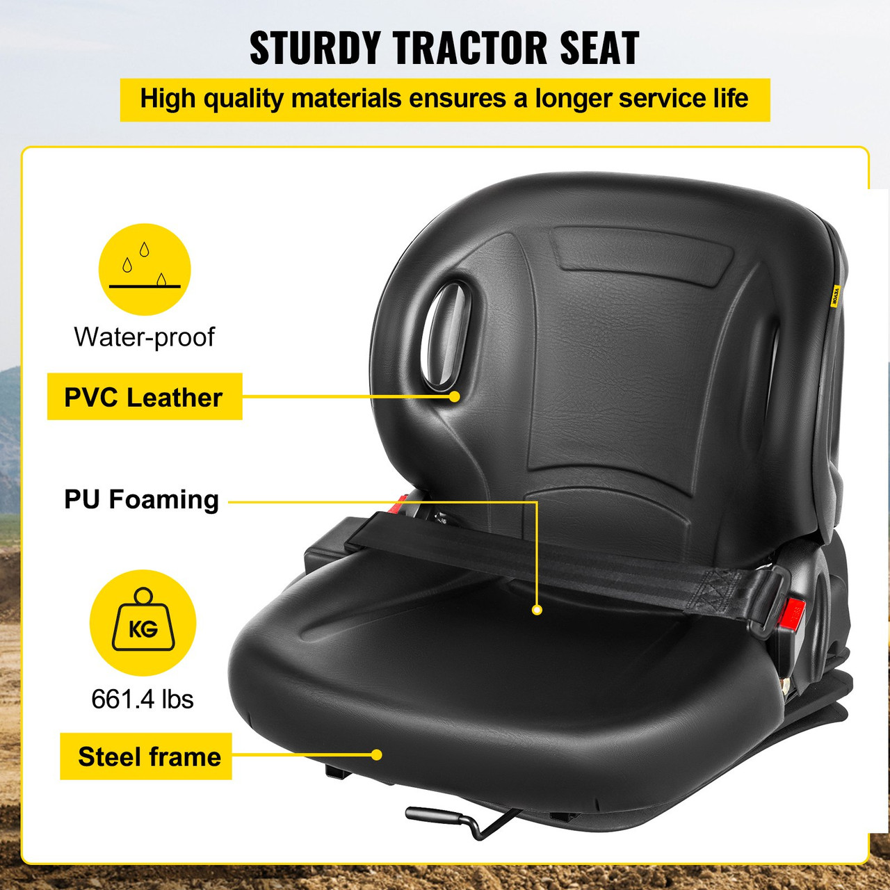 Universal Tractor Seat With Retractable Seat Belt Switch, Forklift Seat With 60° Angel Backhoe, Lawn Mower Seat, Equipment Seat Compatible With Hyster, Tcm, Mitsubishi, And Nissan , Black