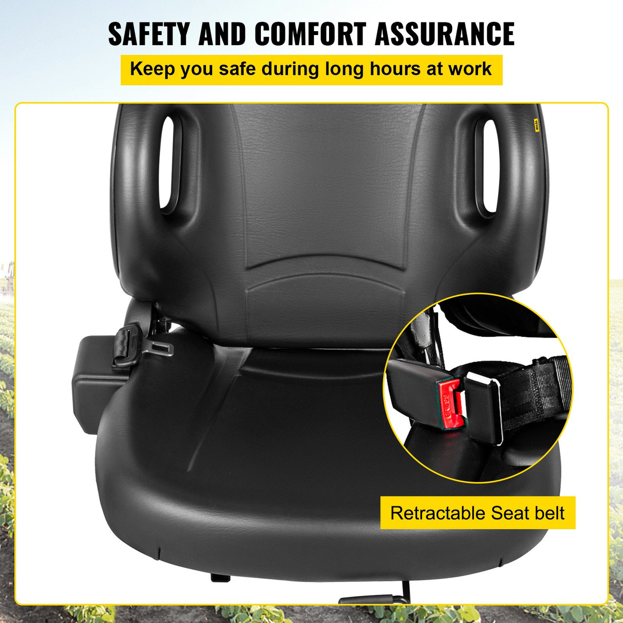 Universal Tractor Seat With Retractable Seat Belt Switch, Forklift Seat With 60° Angel Backhoe, Lawn Mower Seat, Equipment Seat Compatible With Hyster, Tcm, Mitsubishi, And Nissan , Black