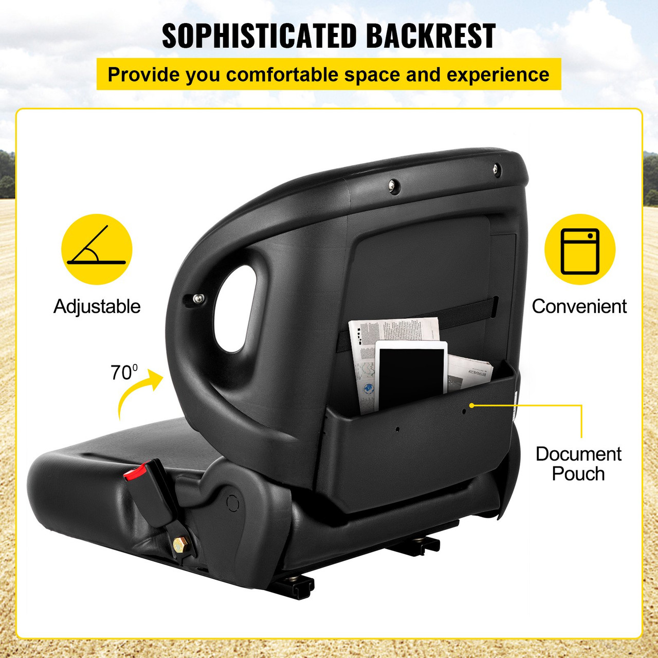 Universal Tractor Seat With Retractable Seat Belt Switch, Forklift Seat With 60Ã¸ Angel Backhoe, Lawn Mower Seat, Equipment Seat Compatible With Hyster, Tcm, Mitsubishi, And Nissan , Black