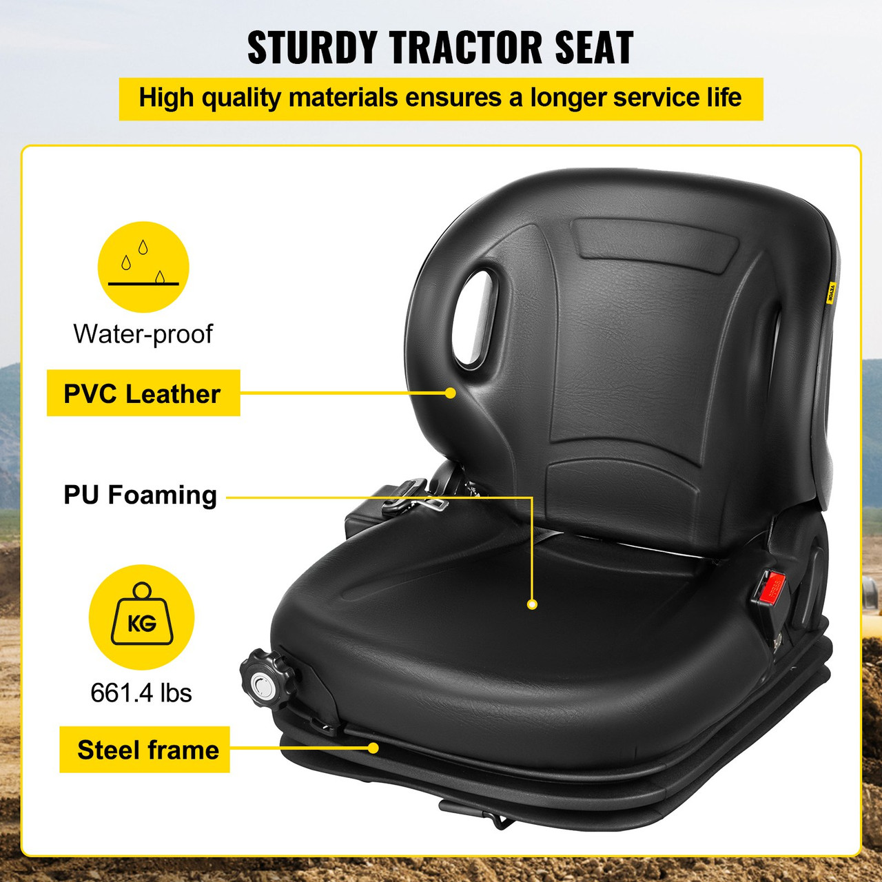 Black PVC Seat Cushion Compatible with Forklift, Tractor, Scrubber