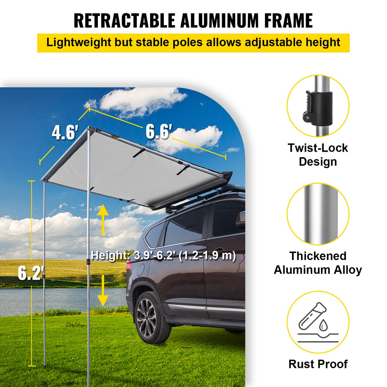 Car Awning Car Tent Retractable Waterproof SUV Rooftop Grey 4.6'x6.6'
