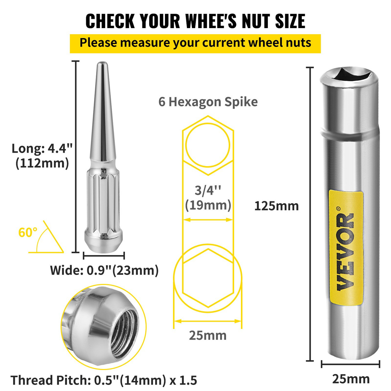 32 PCS Chrome Spike Lug Nuts 14x1.5 Chevy Silverado Tahoe 4.4" Tall w/ Key