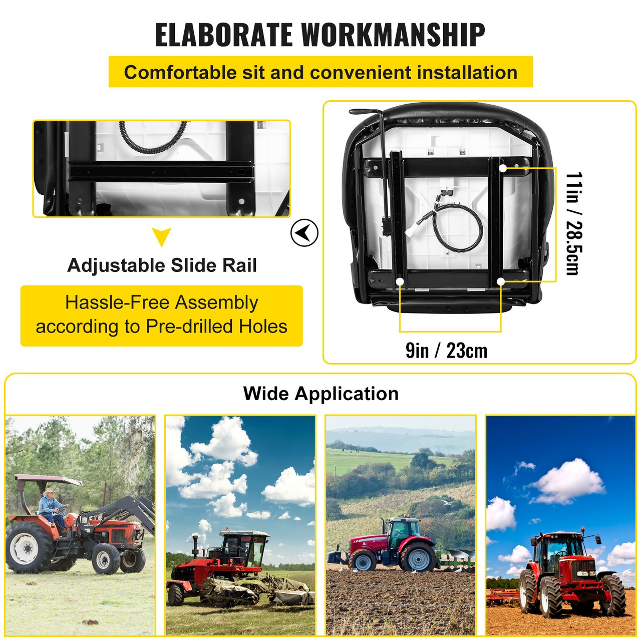 Universal Forklift Seat Black PVC Tractor Seat, 6"/150MM Adjustable Mower Seat Including Seat Switch and Back Seat Organizer for Documents, Skid Steer Seat Fit Forklift, Tractor, Skid Loader