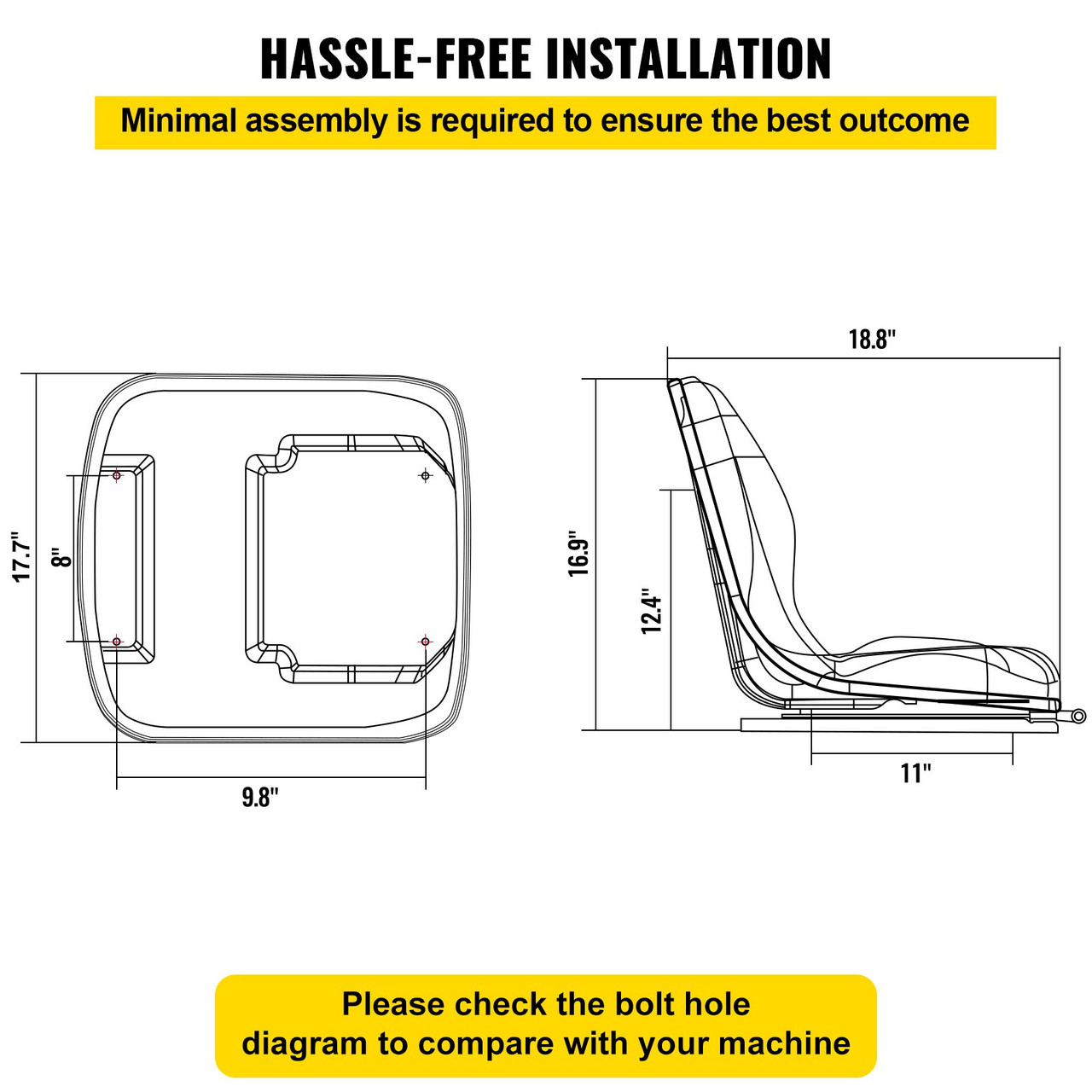 Universal Kubota Seat Replacement, Compact High Back Tractor Seat, Black Vinyl Forklift Seat, 17.8" x 16" x 19" Skid Steer Seat with Pre-Drilled Holes, Fit Forklift, Tractor, Skid Loader