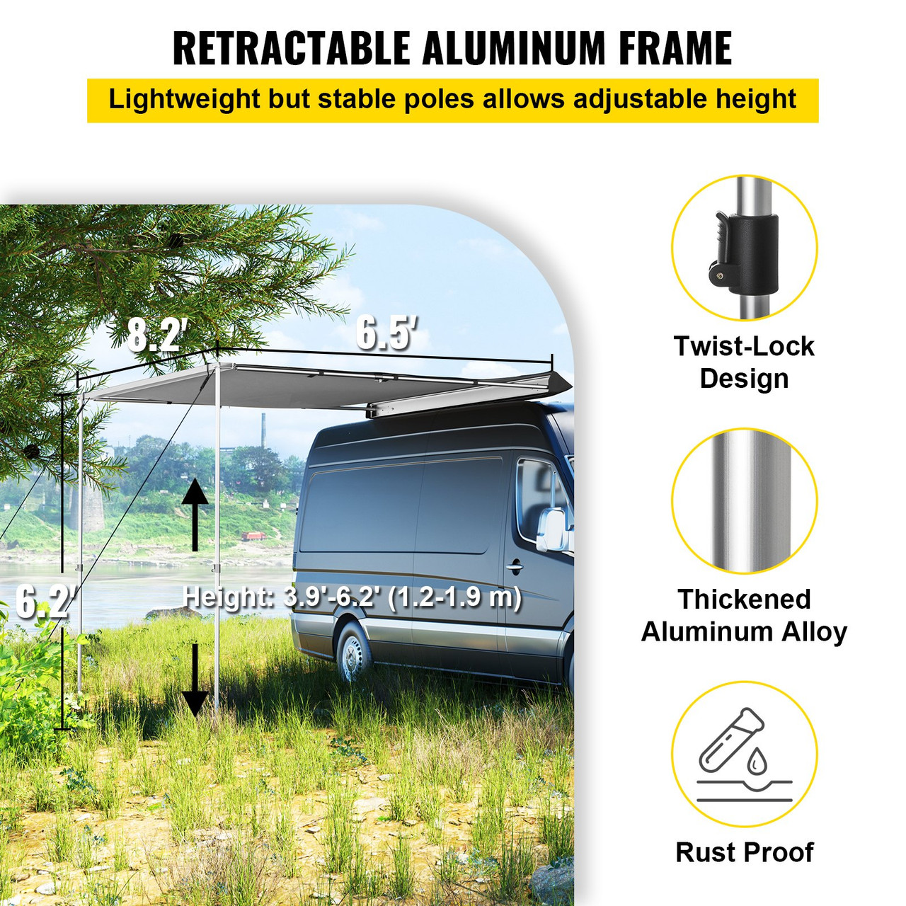Car Awning Car Tent Retractable Waterproof SUV Rooftop Grey 8.2'x6.5'