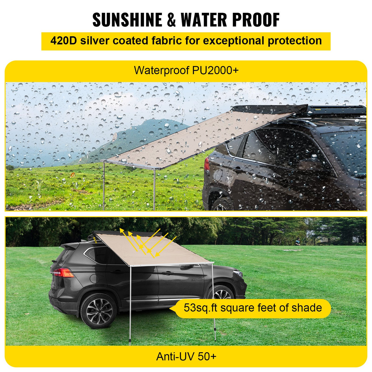Car Awning Car Tent Retractable Waterproof SUV Rooftop Khaki 8.2'x6.5'