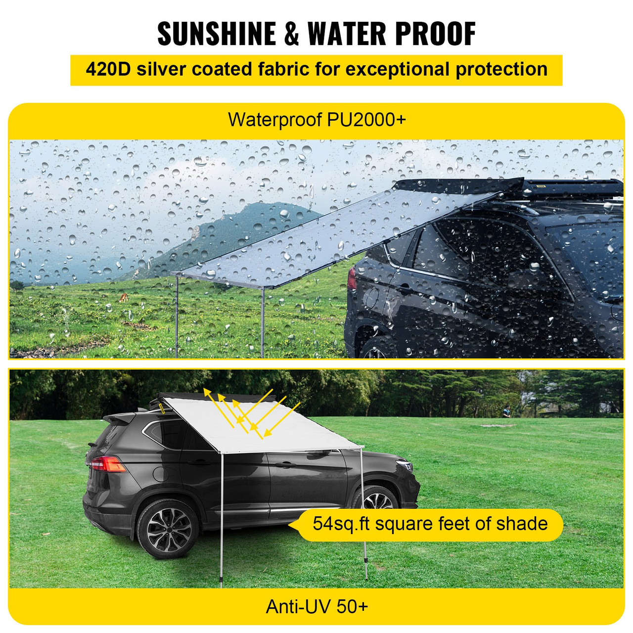 Outdoor Retractable Car Side Awning, Thickened Aluminum Poles, 420d Oxford Fabric, Waterproof, Air Permeable, Pull-Out Vehicle Awning Ideal For Suv, Mpv, Trucks, Vans, Hatchbacks, Trailers, And Cars