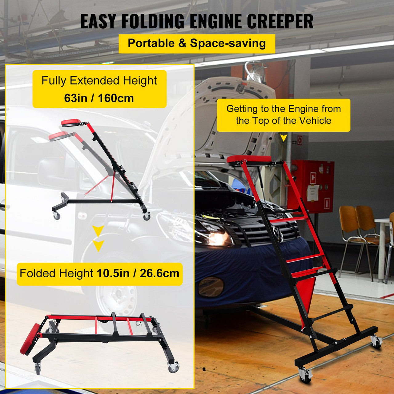 Automotive Engine Creeper, Adjustable Height Foldable Creeper, 400 LBS Capacity High Top Engine Creeper, with Four 4 inches Casters, Padded Deck, for Home, Garage, Workshop Repair Maintenance