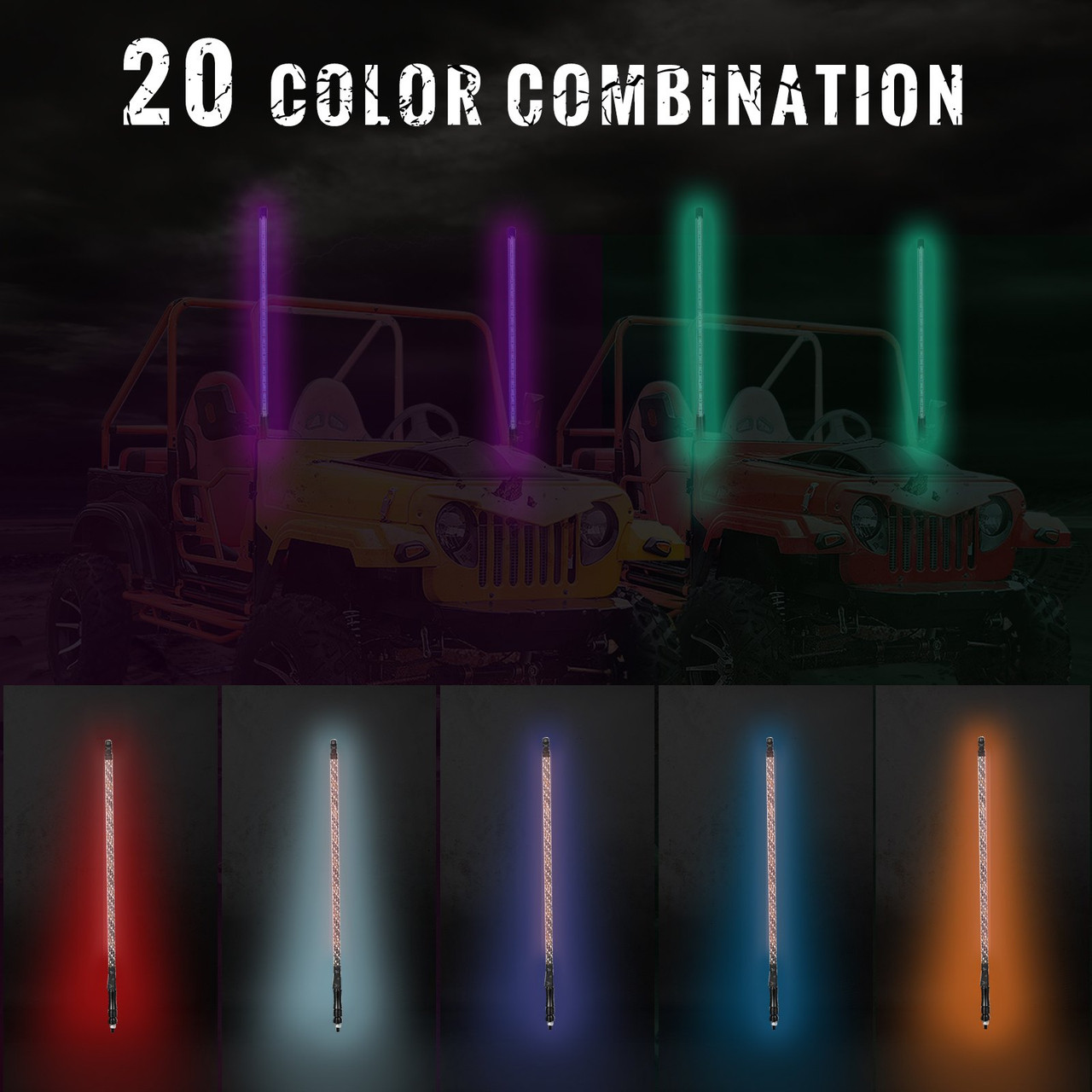 Led Whip Lights Lighted Whips for UTV Spiral RGB Color Led Lighted Whip 3ft 2pc