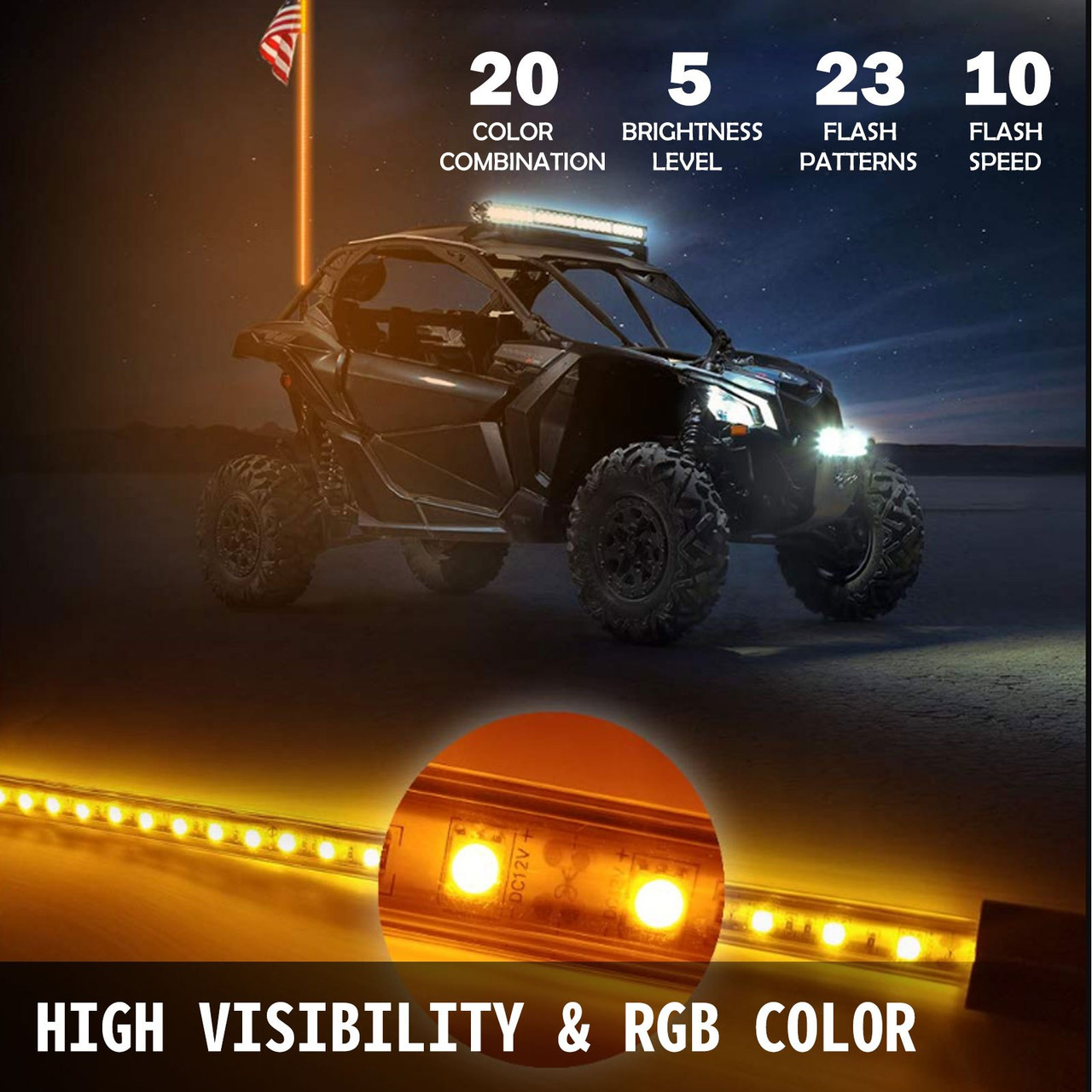 LED Whip Lights Lighted Whips for UTV RGB Color Led Lighted Whip 5ft 1pc Off-road