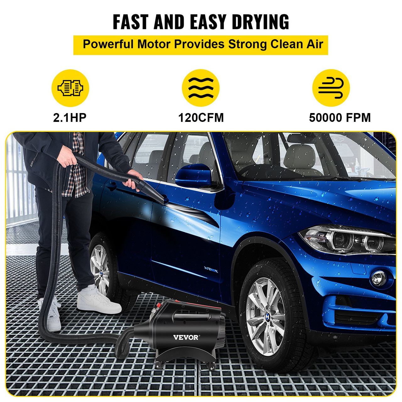 Car Dryer Blower 2.1HP,Powerful Car Air blower with 120CFM, 50000FPM, 5-20P (20A) plug Portable Car Dring Blower with 20Ft Flexible Hose, Fit for Small Vehicle or Motorcycle detailing Dryer