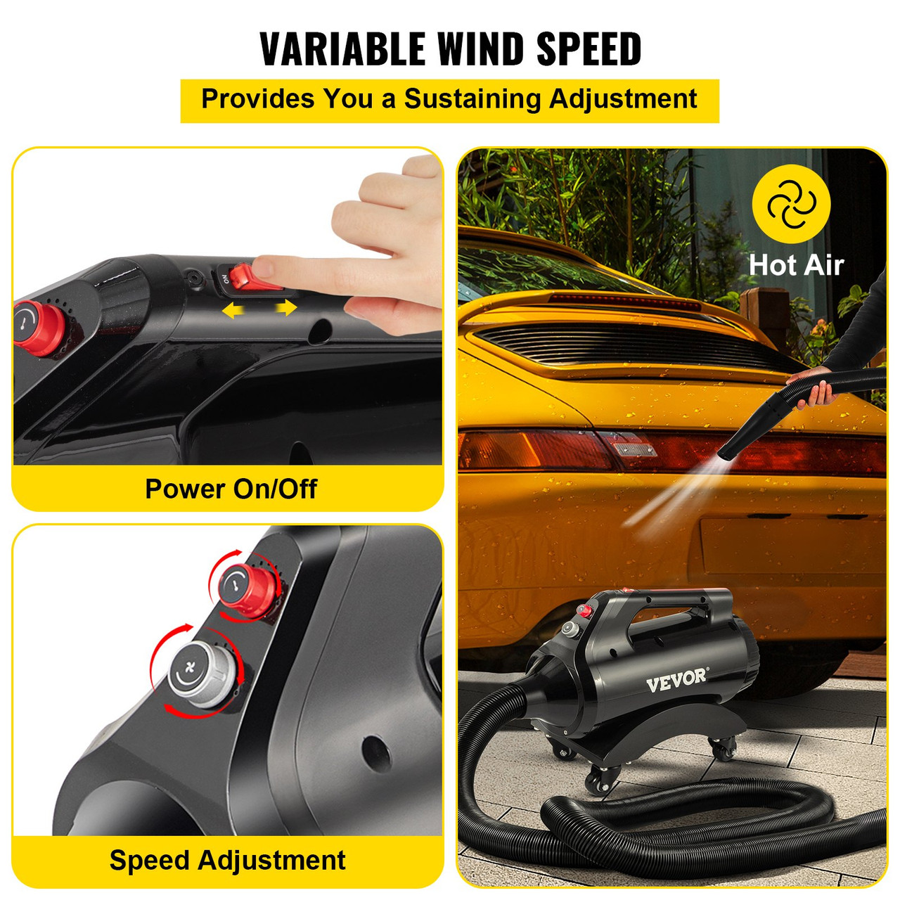 Car Air Dryer Blower, 3.0HP Powered Temp High Velocity Car Dryer Air Blower 420 CFM 110V 5-20P (20A) plug, w/Casters & 33 Ft Flexible Hose & 2 Air Jet Nozzles for Car Wash Water Drying Machine
