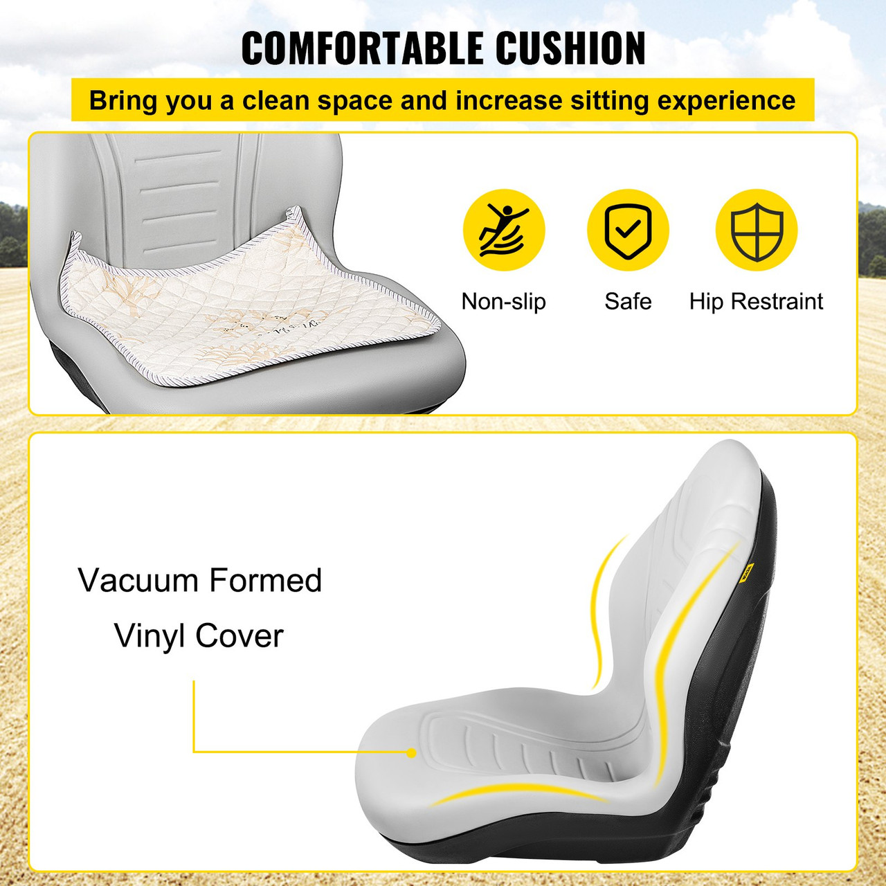 Universal Tractor Seat Replacement, Compact High Back Mower Seat, Grey Vinyl Forklift Seat, Central Drain Hole Skid Steer Seat with Mounting Bolt Patterns of 8" x 11.5" & 11.25" x 11.5"