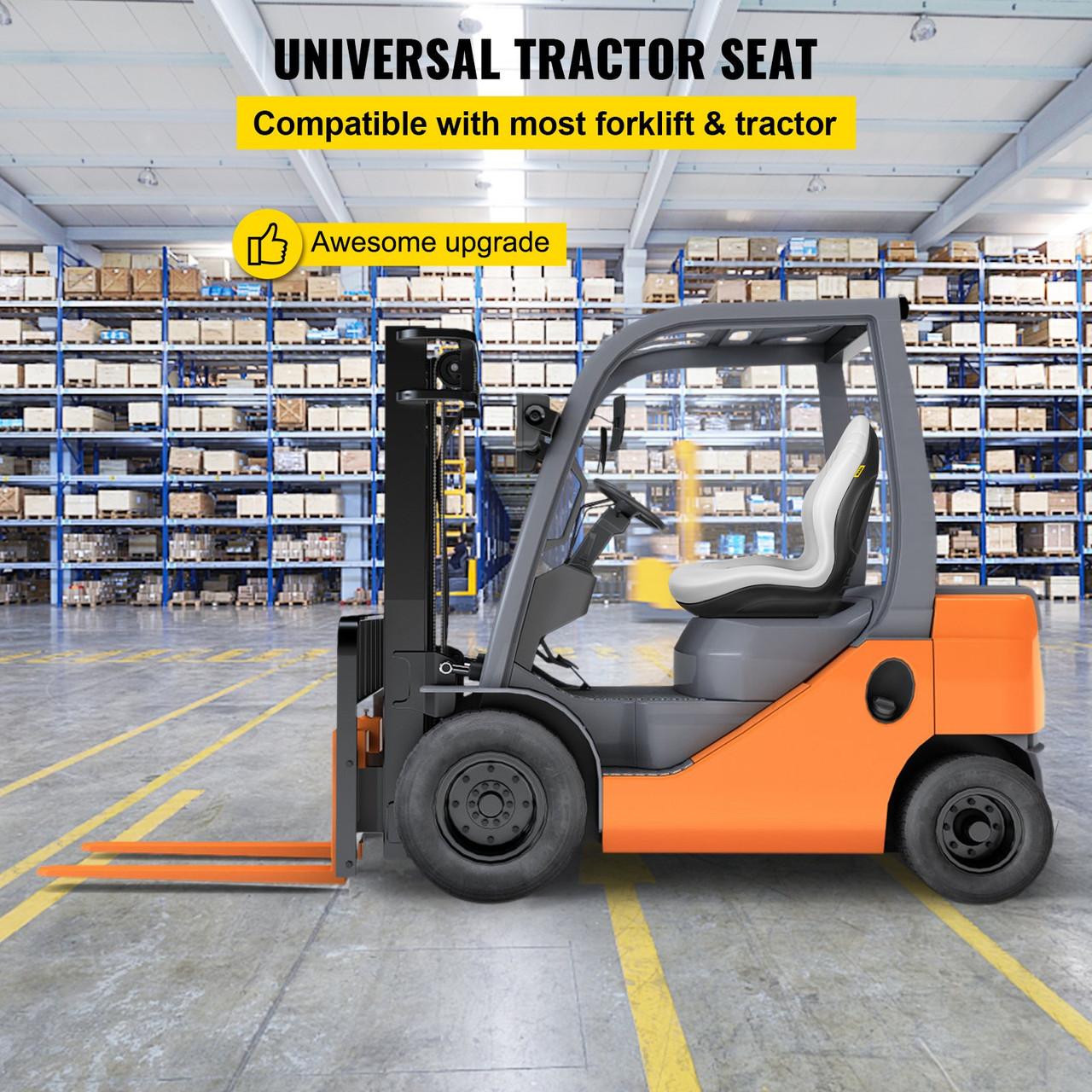 Universal Tractor Seat Replacement, Compact High Back Mower Seat, Grey Vinyl Forklift Seat, Central Drain Hole Skid Steer Seat with Mounting Bolt Patterns of 8" x 11.5" & 11.25" x 11.5"