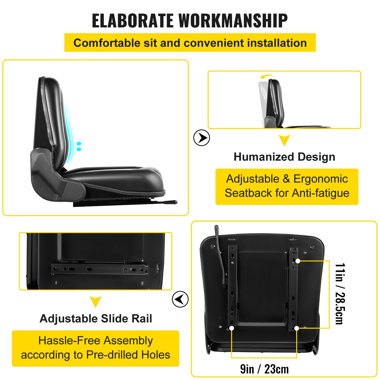 Universal Forklift Seat, Black PVC Tractor Seat, 6"/150MM Adjustable Mower Seat, Foldable Seat Including Seat Switch, 18.5" x 20" x 18" Skid Steer Seat, Fit Forklift, Tractor, Skid Loader