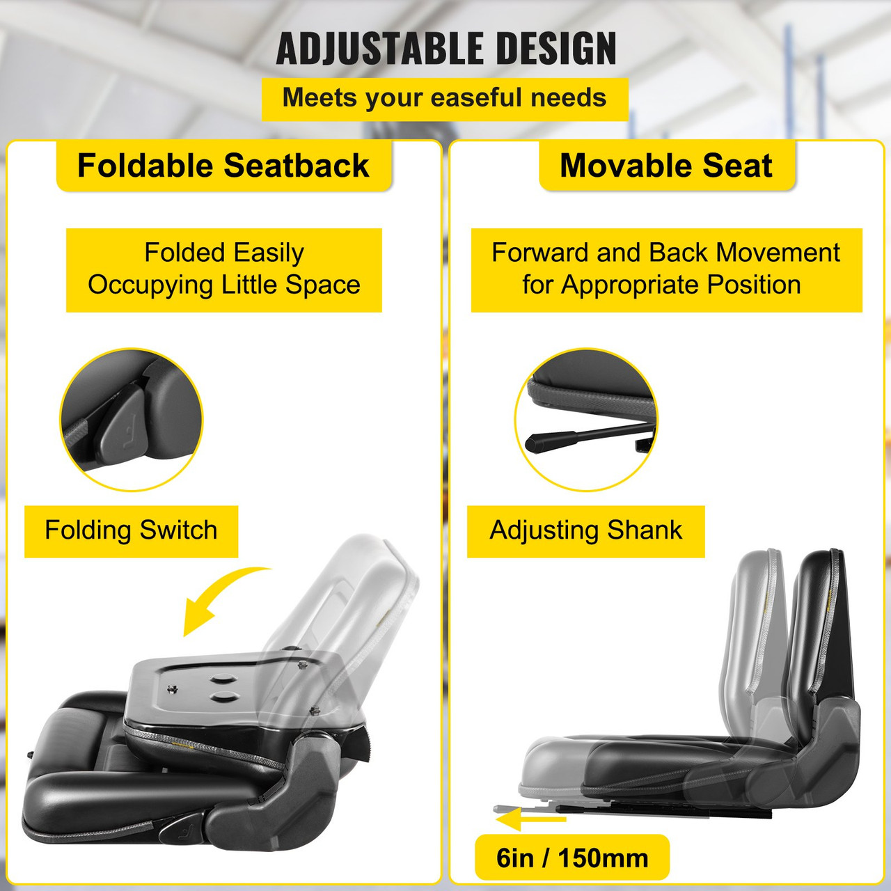 Universal Forklift Seat, Black PVC Tractor Seat, 6"/150MM Adjustable Mower Seat, Foldable Seat Including Seat Switch, 18.5" x 20" x 18" Skid Steer Seat, Fit Forklift, Tractor, Skid Loader