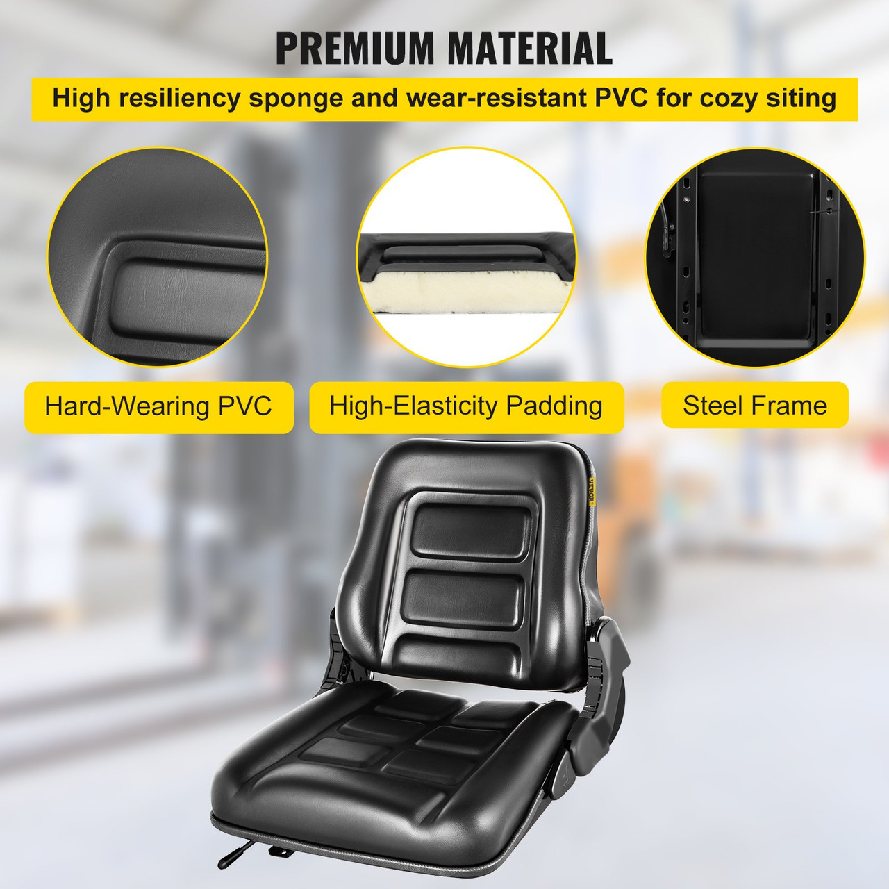 Universal Forklift Seat, Black PVC Tractor Seat, 6"/150MM Adjustable Mower Seat, Foldable Seat Including Seat Switch, 18.5" x 20" x 18" Skid Steer Seat, Fit Forklift, Tractor, Skid Loader
