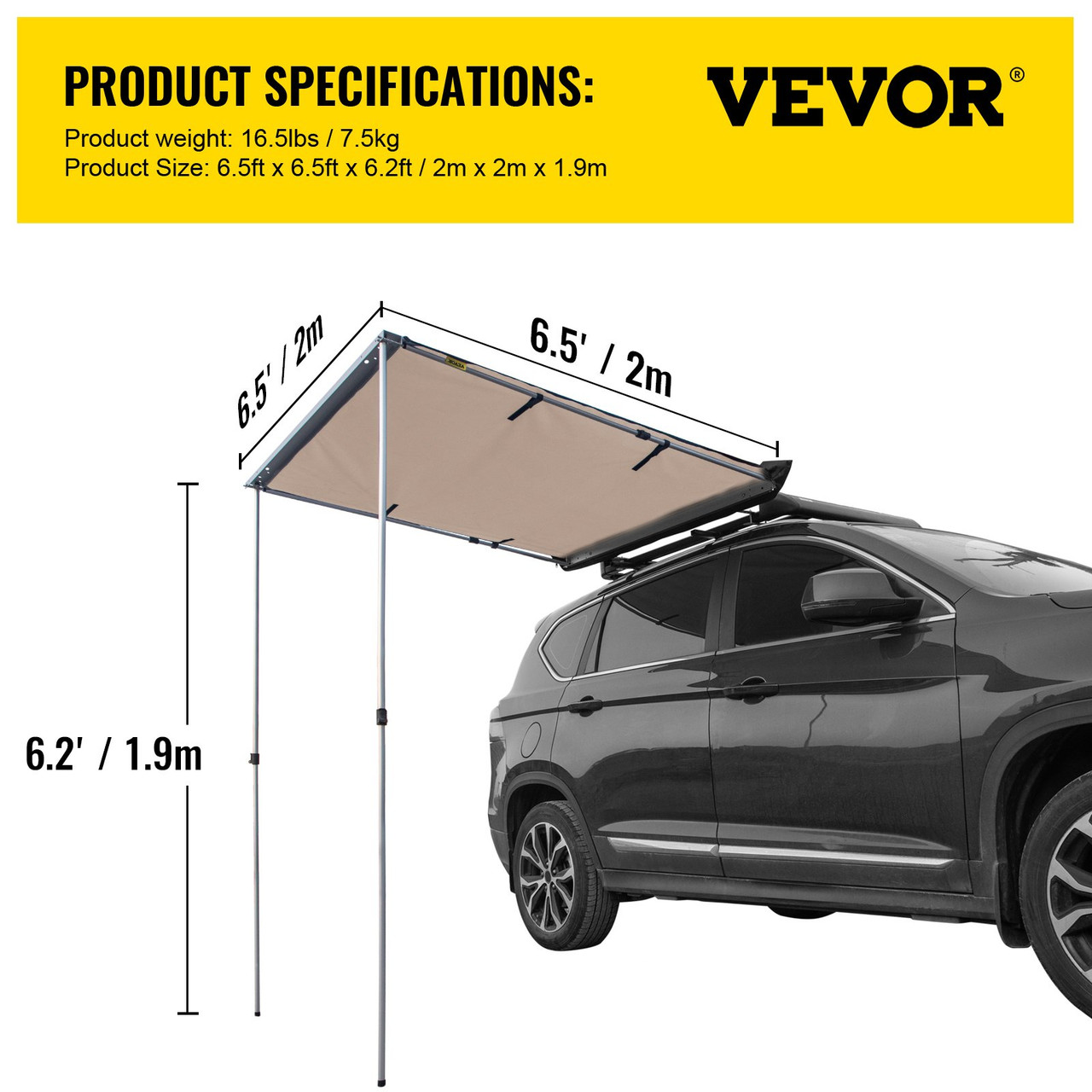 Car Awning Car Tent Retractable Waterproof SUV Rooftop Khaki 6.5'x6.5'
