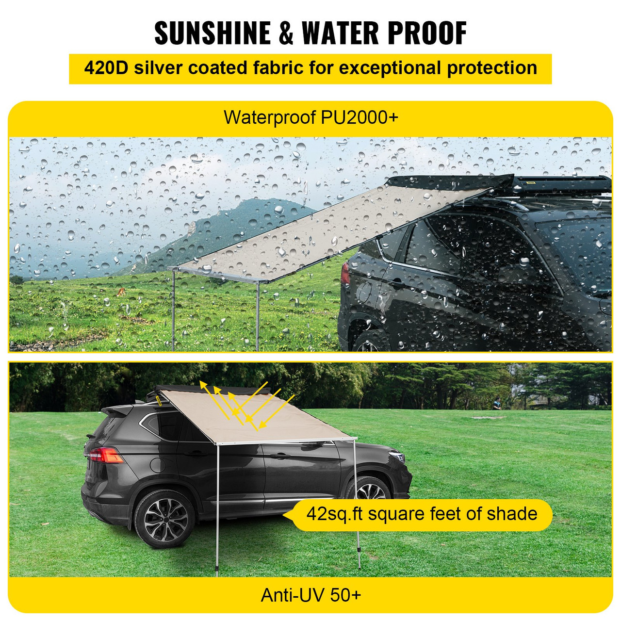 Car Awning Car Tent Retractable Waterproof SUV Rooftop Khaki 6.5'x6.5'