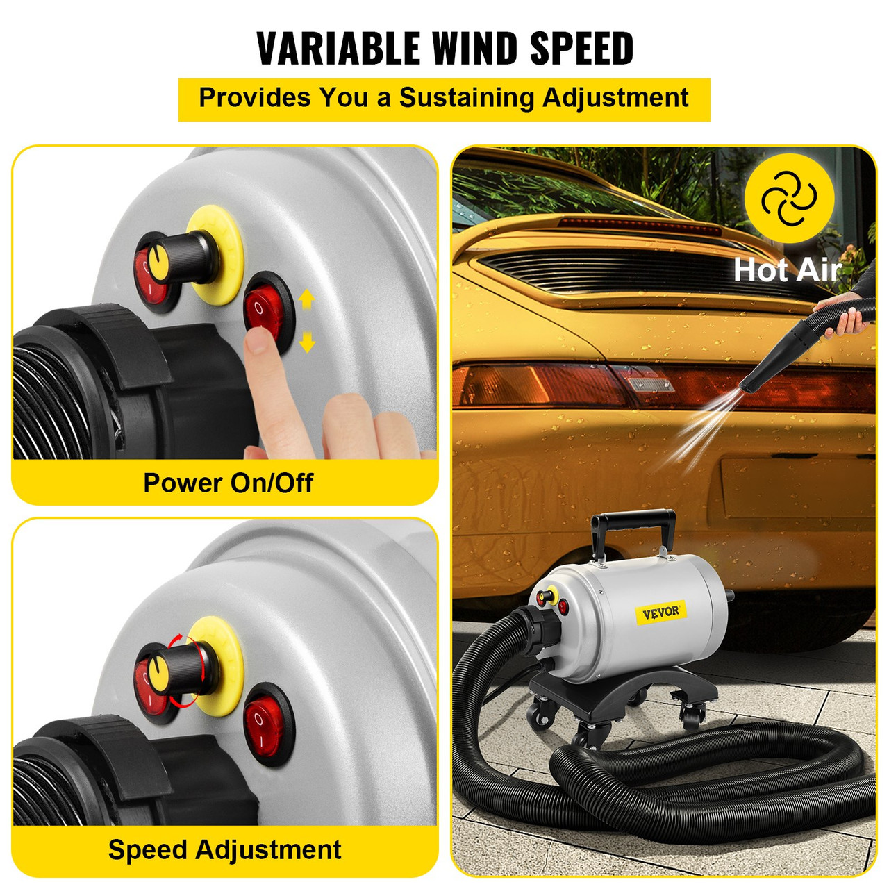 Car Air Dryer Blower, 5.0HP Powered Temp High Velocity Car Dryer Air Blower 180 CFM 110V 5-20P (20A) plug, w/Casters & 20 Ft Flexible Hose & 2 Air Jet Nozzles for Car Wash Water Drying Machine