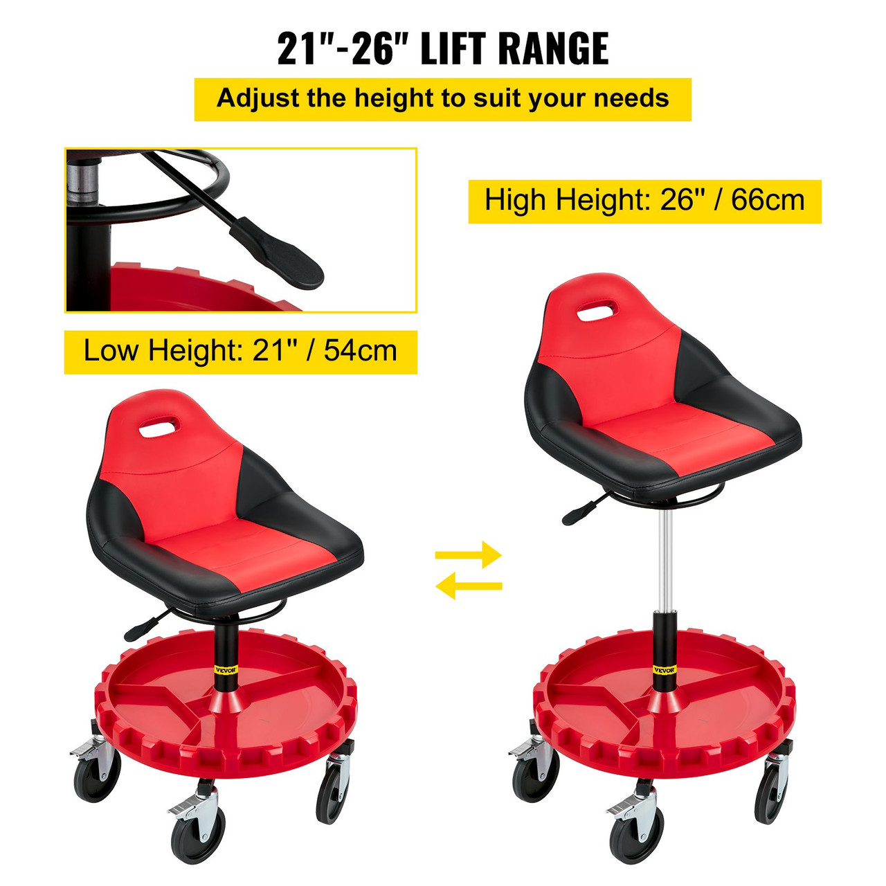 Rolling Garage Stool, 300LBS Capacity, 21"-26" Adjustable Height Range, Mechanic Seat with Swivel Casters and Tool Tray, for Workshop, Auto Repair Shop, Red