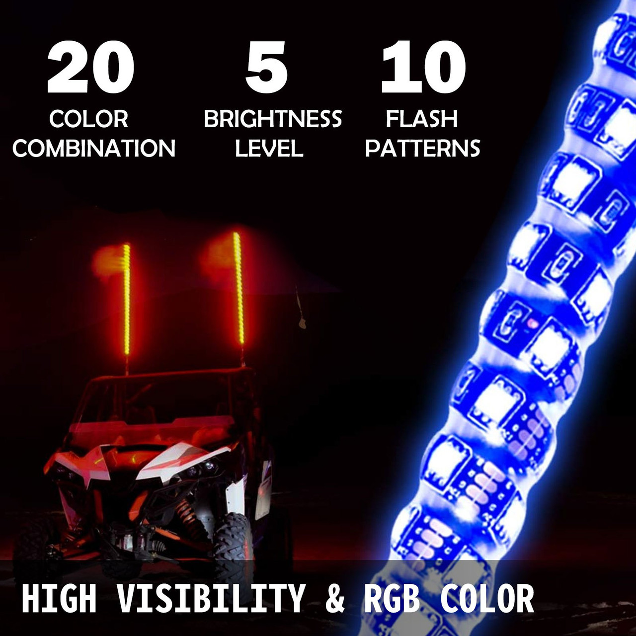 LED Whip Lights Lighted Whips for UTV Spiral RGB Color Led Lighted Whip 5ft 1pc