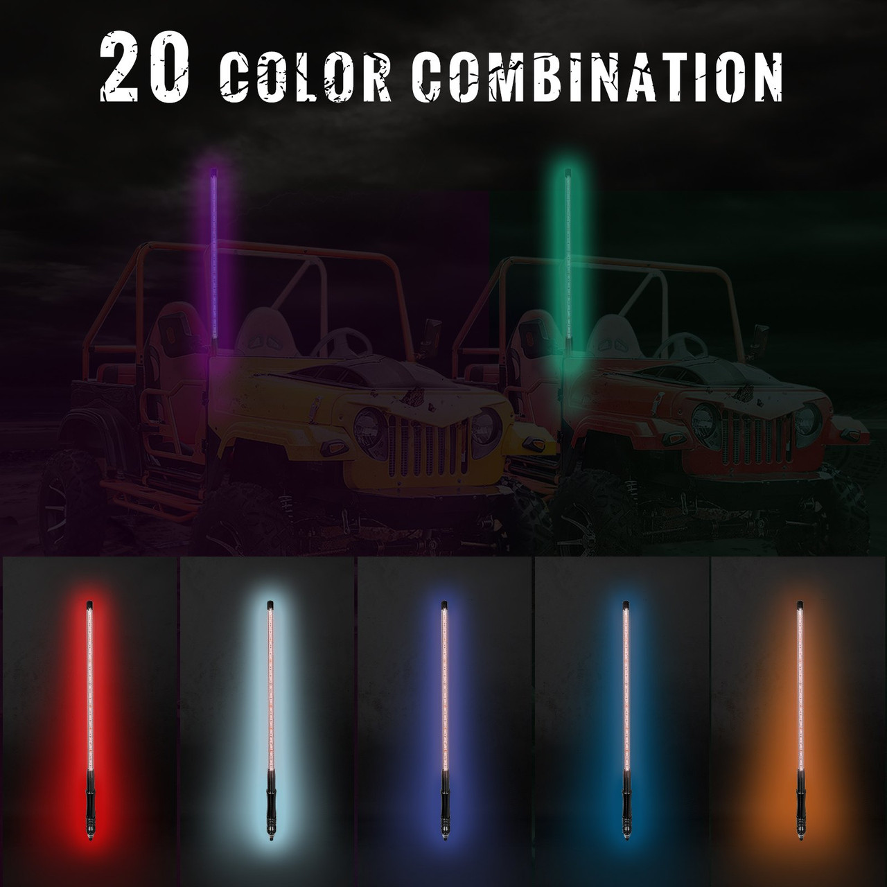 4ft 2pcs LED Whip Lights Lighted Whips for UTV RGB Color Led CB Antenna Off-road