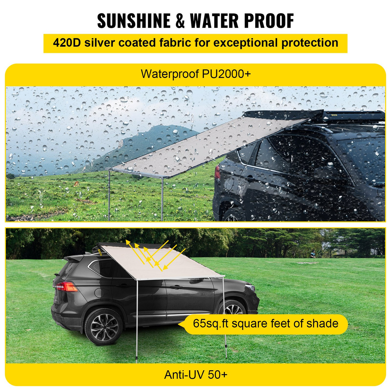 Car Awning Car Tent Retractable Waterproof SUV Rooftop Sand 7.6'x8.2'