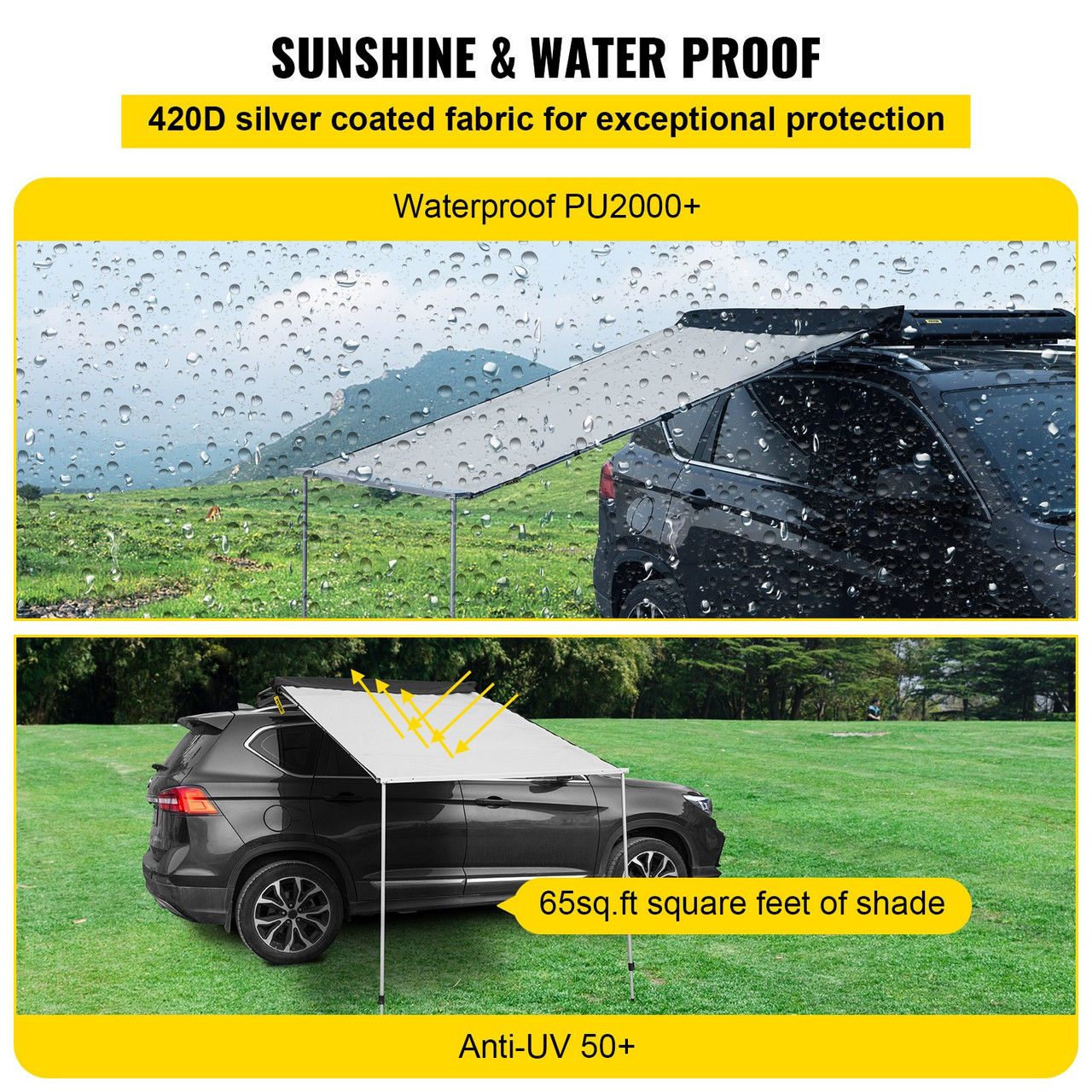 Car Awning Car Tent Retractable Waterproof SUV Rooftop Grey 6.5'x10'