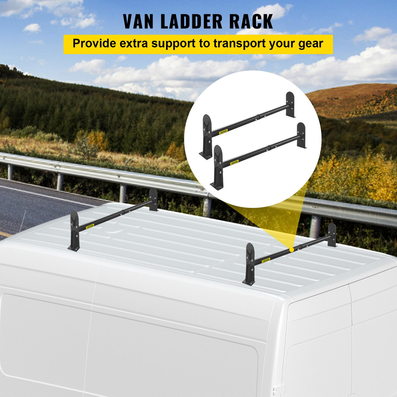 Roof Ladder Rack Van Ladder Rack 34.6'-56' Adjustable 2 Bars 661 LBS Black