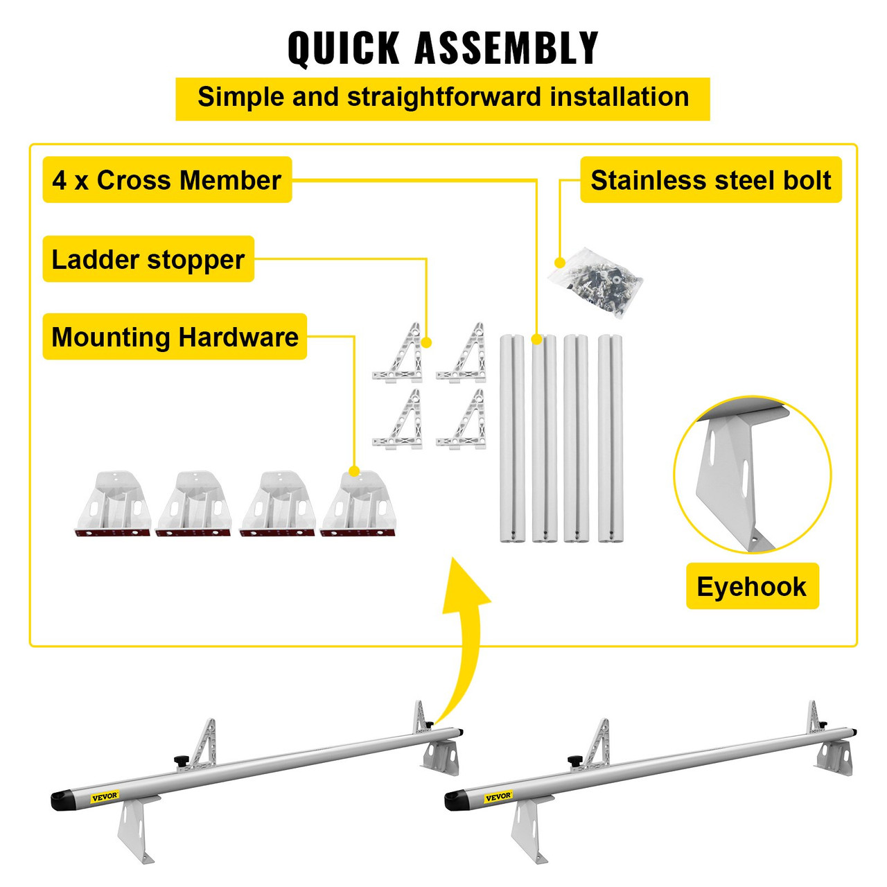 Roof Ladder Rack Van Ladder Rack with Ladder Stoppers 2 Bars 661 LBS White