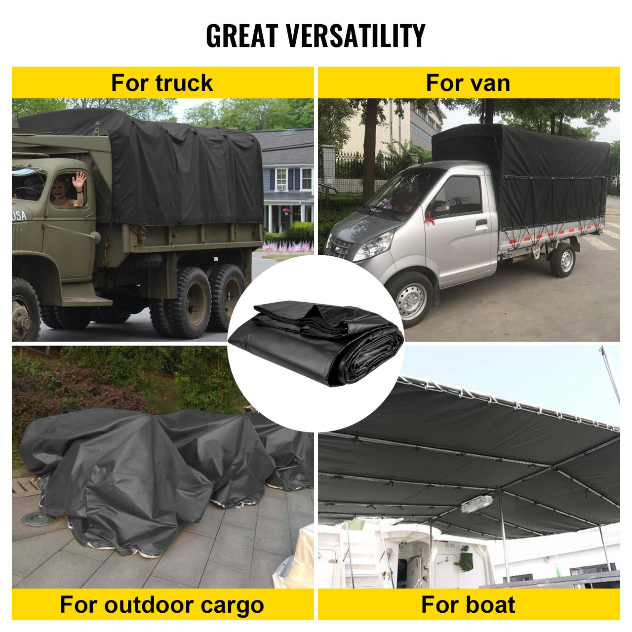 Flatbed Tarps, 18OZ Flatbed Truck Tarp, 16x24 Ft Polyethylene Lumber Tarp, Black Heavy Duty Trailer Tarp with Stainless Steel D Rings For Trucks, Vans, Small Boats, Machinery & Outdoor Materials