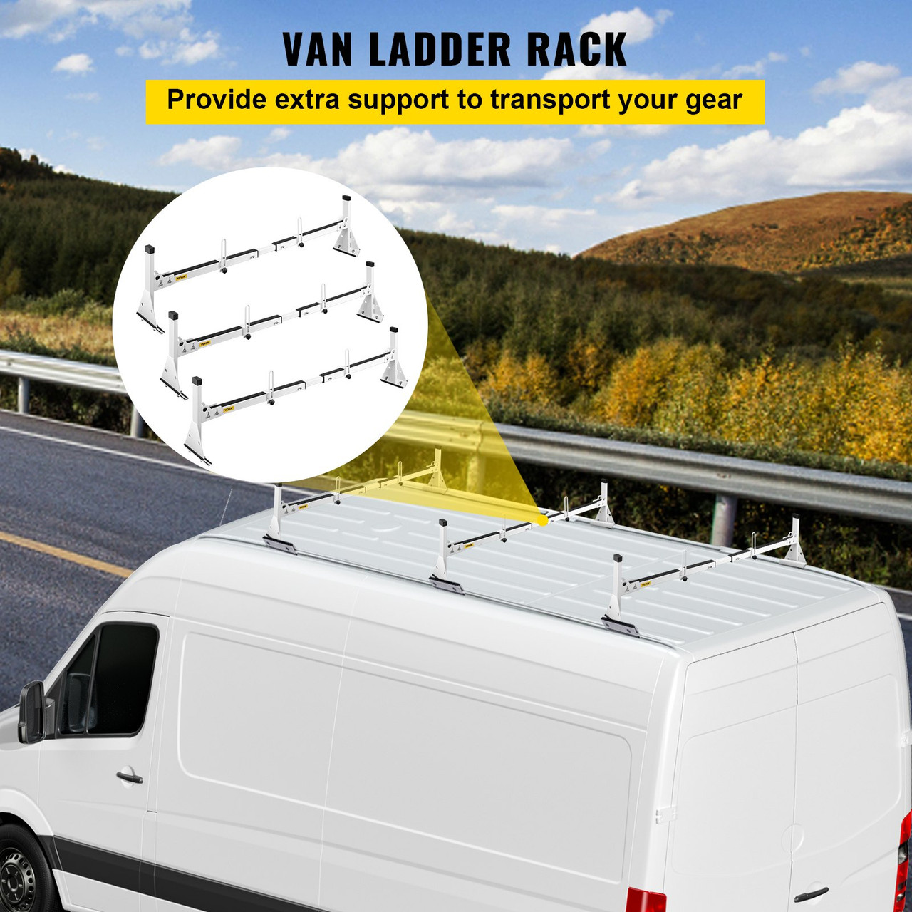 Roof Ladder Rack Van Ladder Rack with Ladder Stoppers 3 Bars 661 LBS White