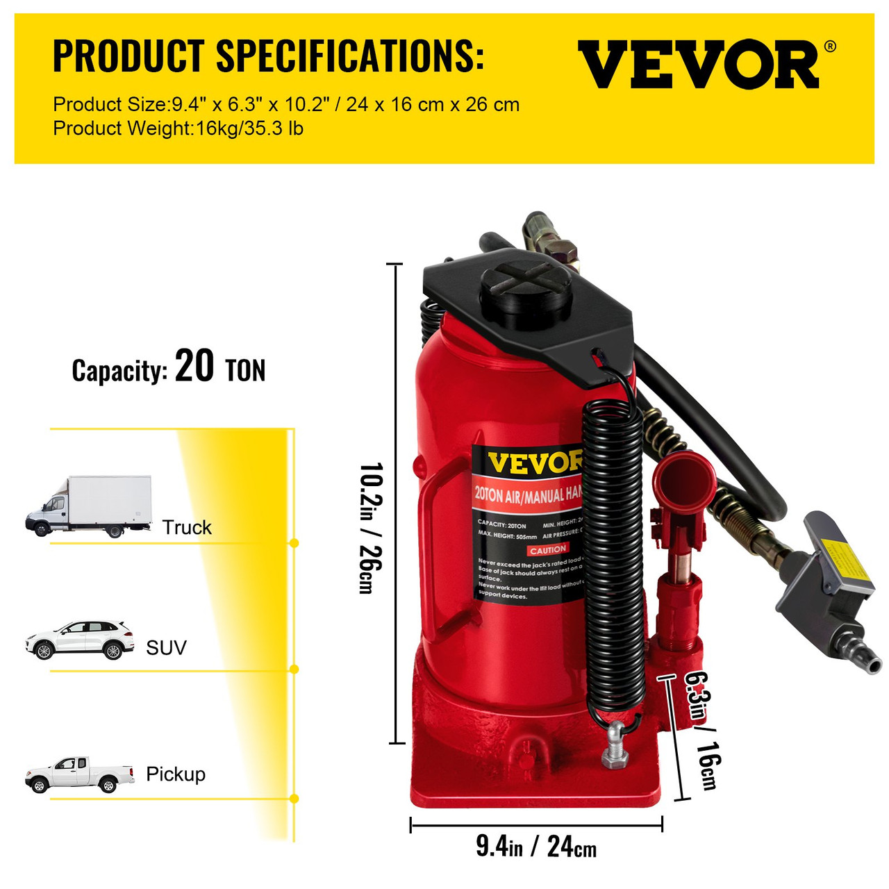 Air Hydraulic Bottle Jack 20 Ton Manual 44092lb Heavy Duty Auto Truck RV Repair Lift Tools