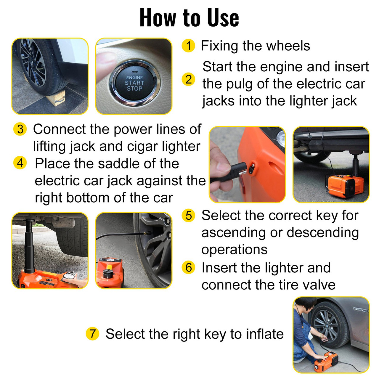 Electric Car Jack Automatic Car Jack 12V DC 5T(11023lb) with Tire Inflator Pump and LED Flashlight