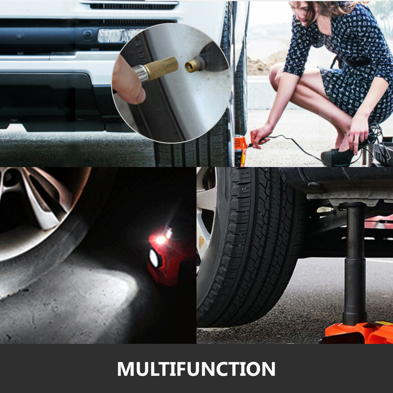Electric Car Jack Automatic Car Jack 12V DC 5T(11023lb) with Tire Inflator Pump and LED Flashlight