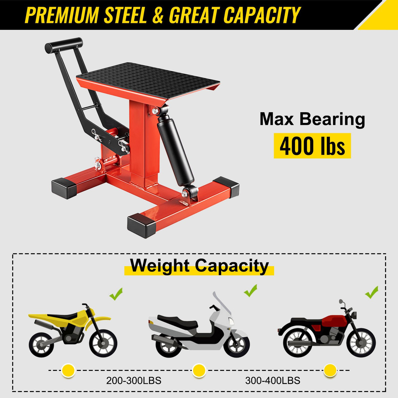 Motorcycle Dirt Bike Lift Stand, 400 Lbs Heavy Duty Motorcycle Lift Repair Stand, 9.0"-16.5" Adjustable Steel Lift Stand Dirt Bike Maintenance Table Rack, Red/Black Jack Hoist Height Lift Stand