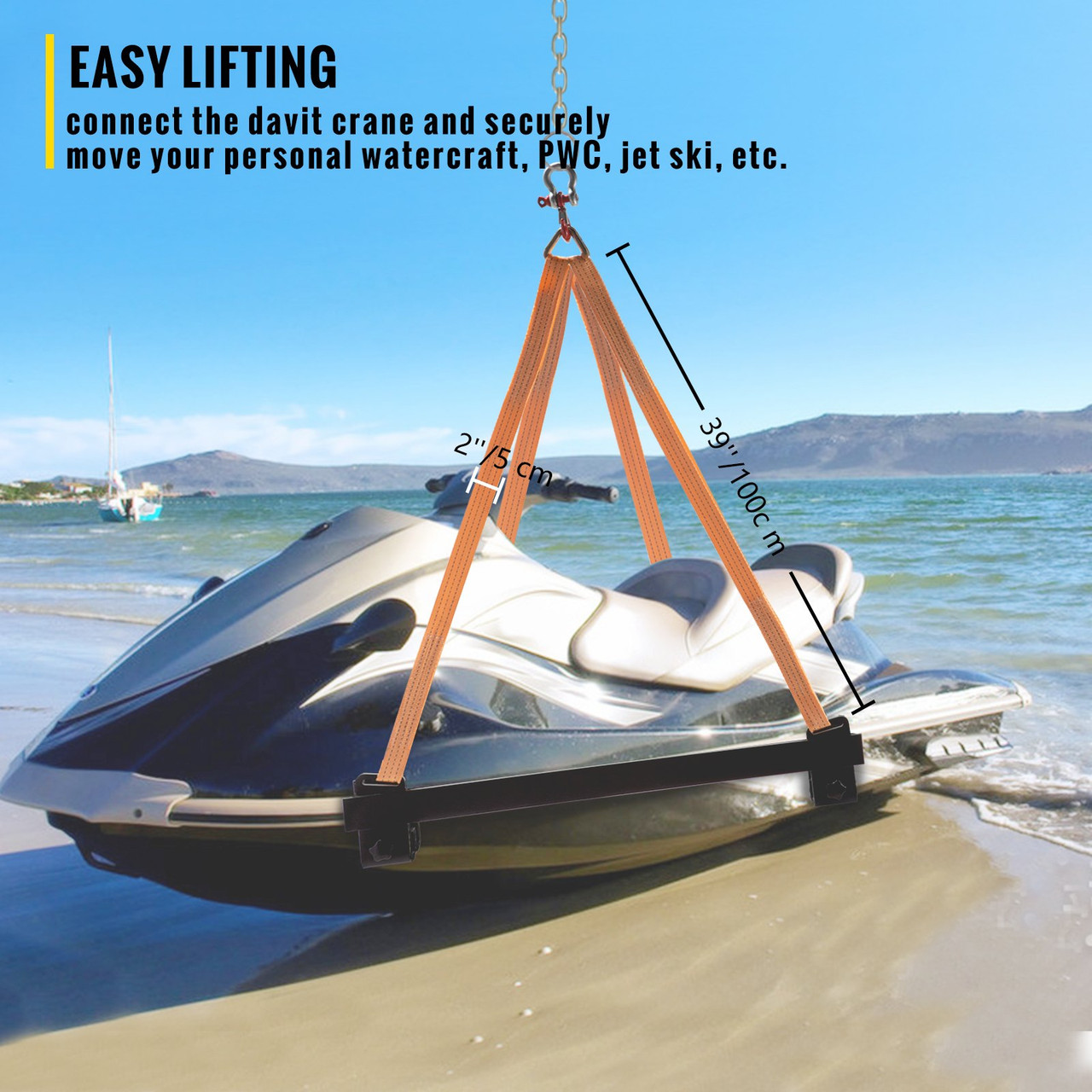 Watercraft Lift Sling, 1000lbs Capacity Jet Ski Lift Sling, 39'' Watercraft Sling w/Heavy Duty Powder-Coated Steel Brackets, Polyester Lifting Straps for Personal Watercraft, PWC, Jet Ski