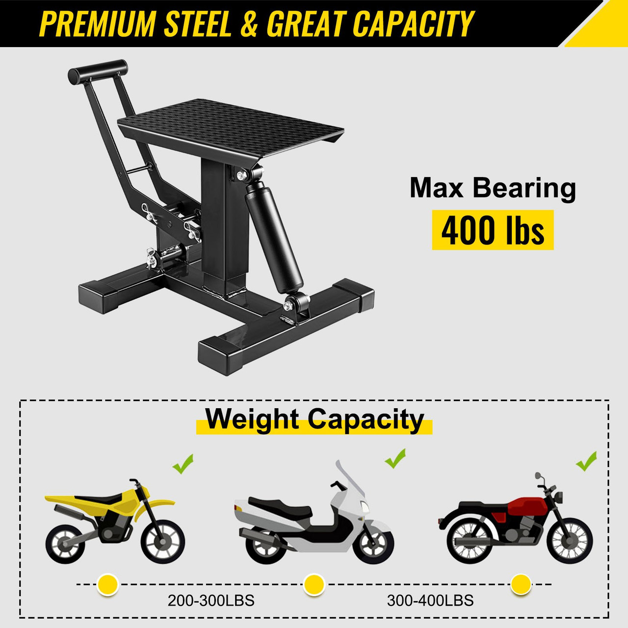 Motorcycle Dirt Bike Lift Stand, 400 Lbs Heavy Duty Motorcycle Lift Repair Stand, 9.0"-16.5" Adjustable Steel Lift Stand Dirt Bike Maintenance Table Rack, Black Jack Hoist Height Lifting Stand